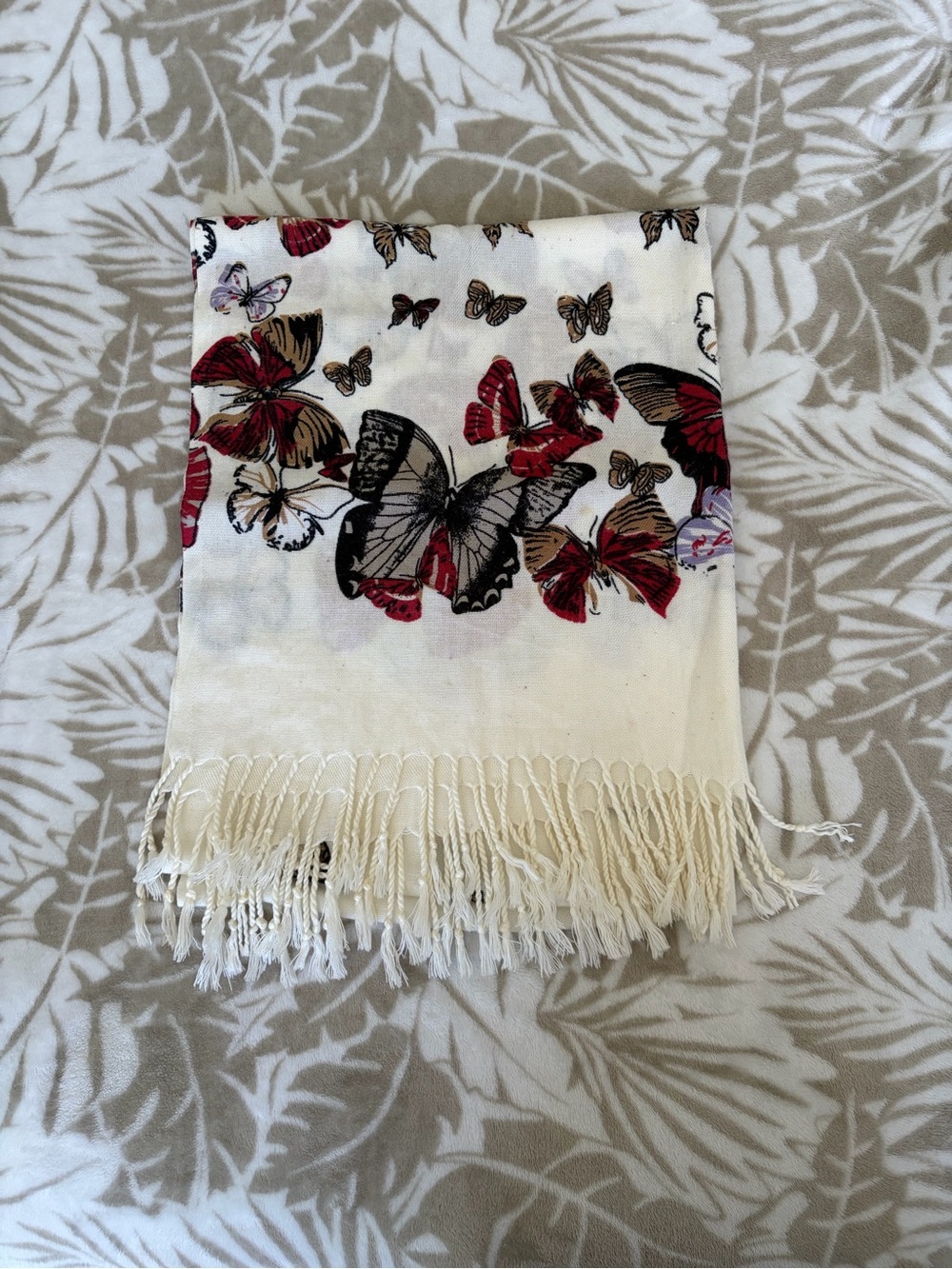 Butterfly Print Fringe Scarf - Cream with Red & Black Accents